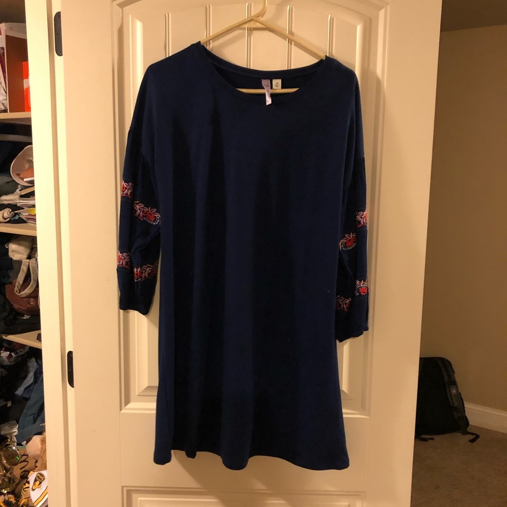 Navy, long sleeve, floral embroidered dress